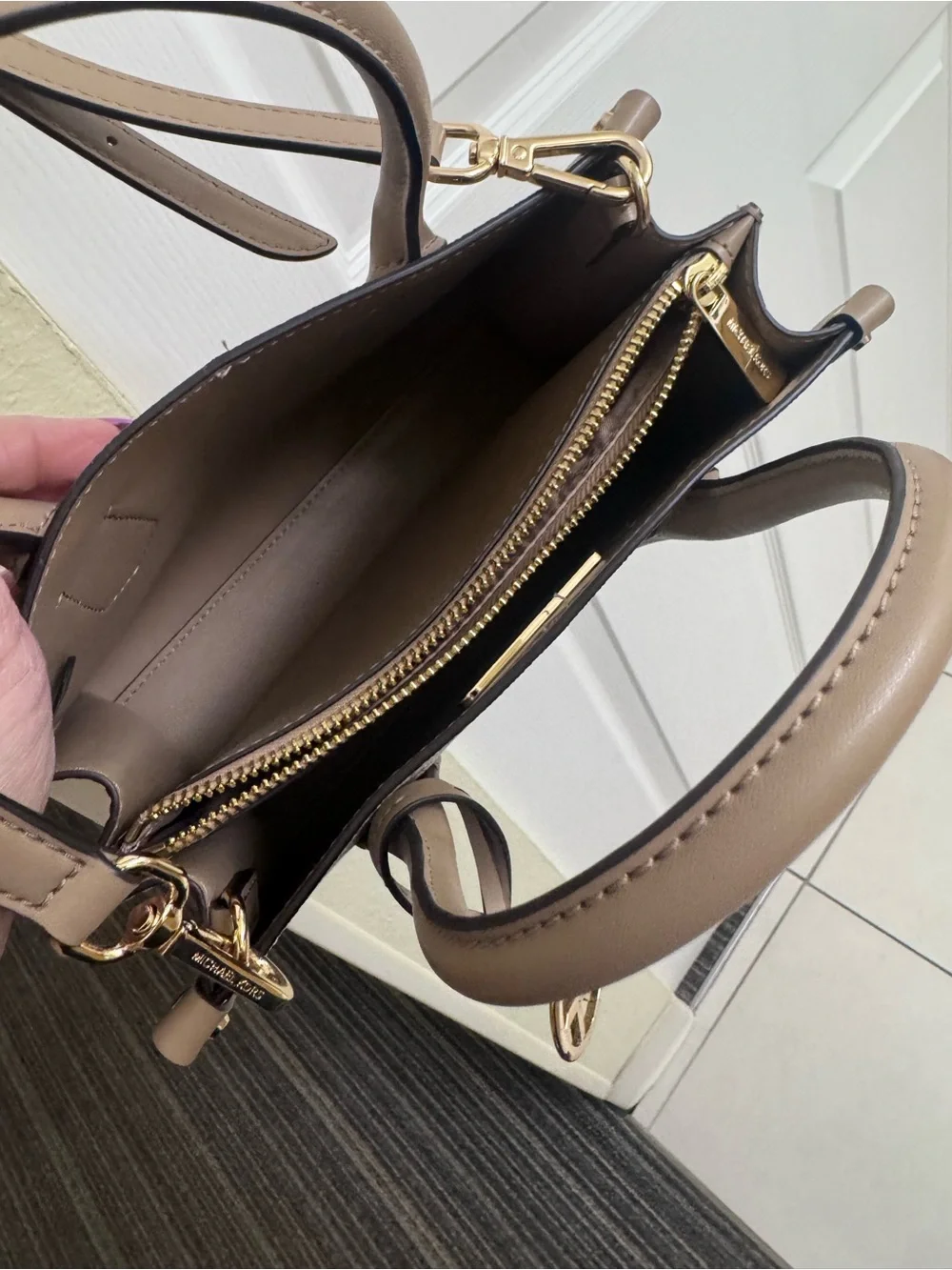 Michael Kors Beige and White Logo-Print Tote with Gold Charm